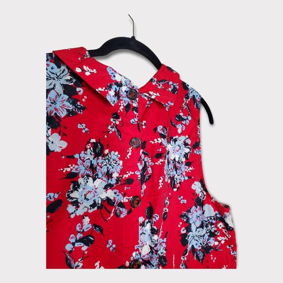 ModCloth Women’s Red Floral Sleeveless Blouse Large Reverse Peter Pan Collar - Picture 9 of 9